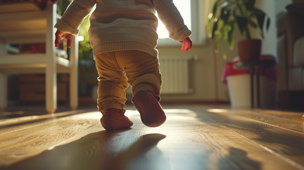 A child walking on a wooden floor in a room