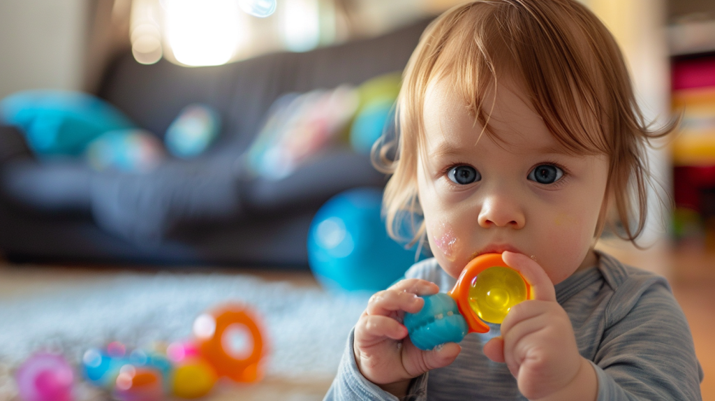 A baby happily playing with toys on the floor.