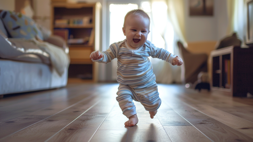 A baby running on a wooden floor in a living room