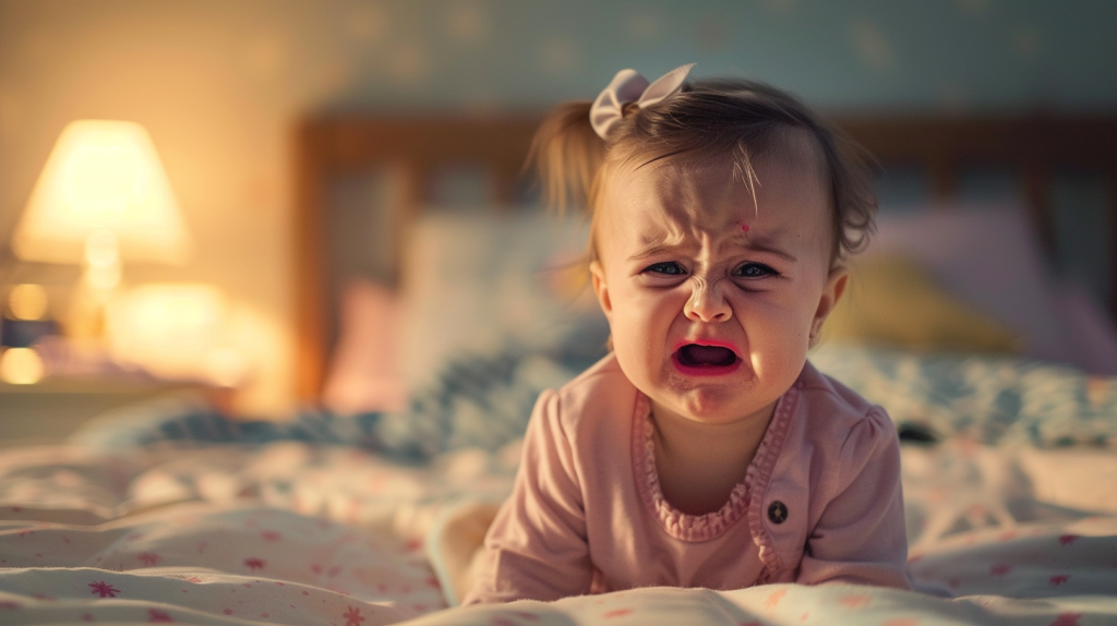 A baby crying on a bed