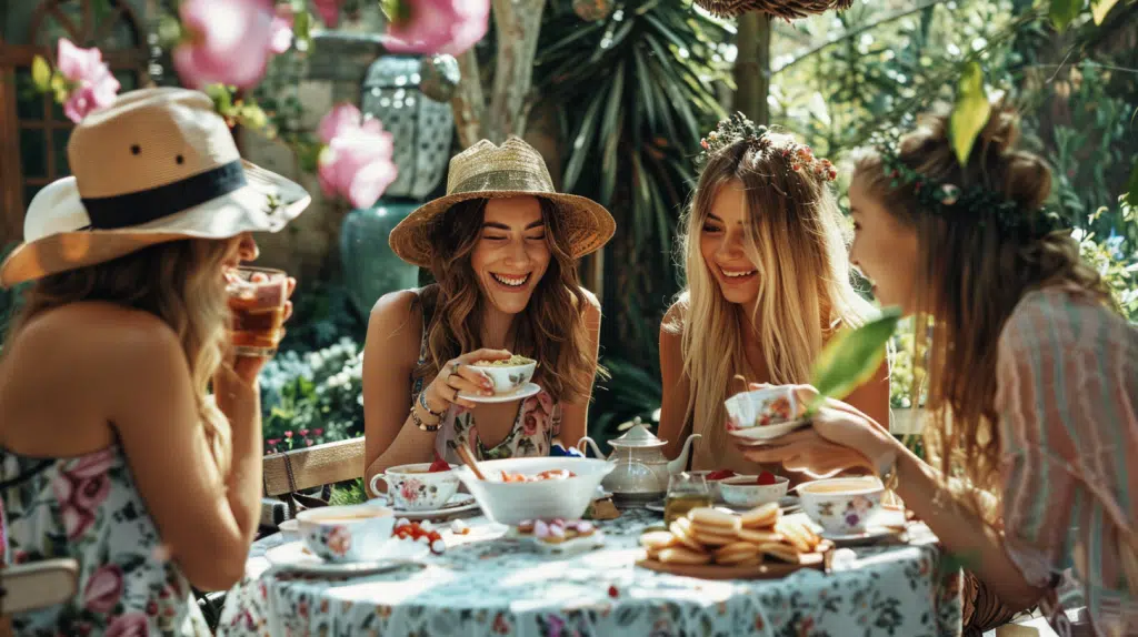 Four women enjoying high tea with a table full of tea and cookies.