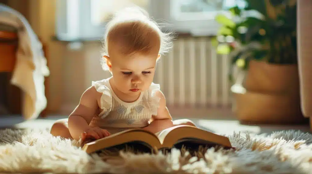 A baby sitting on a rug, engrossed in a book.