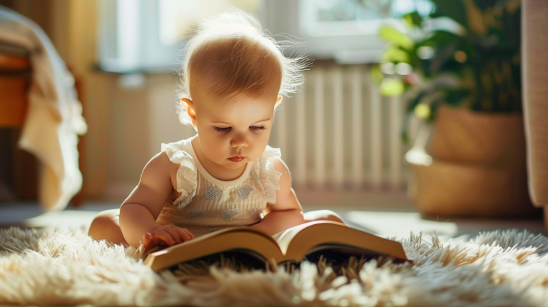 A baby sitting on a rug, engrossed in a book.
