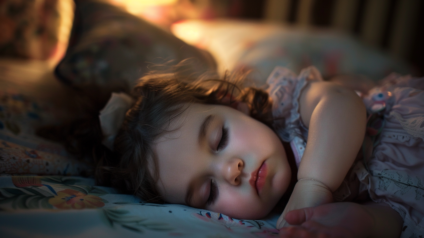 A 15-month-old girl peacefully sleeping in a bed.