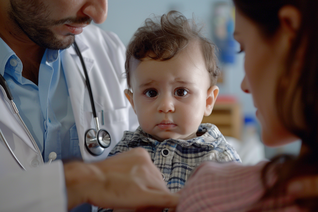 A doctor carefully examines a baby's chest.