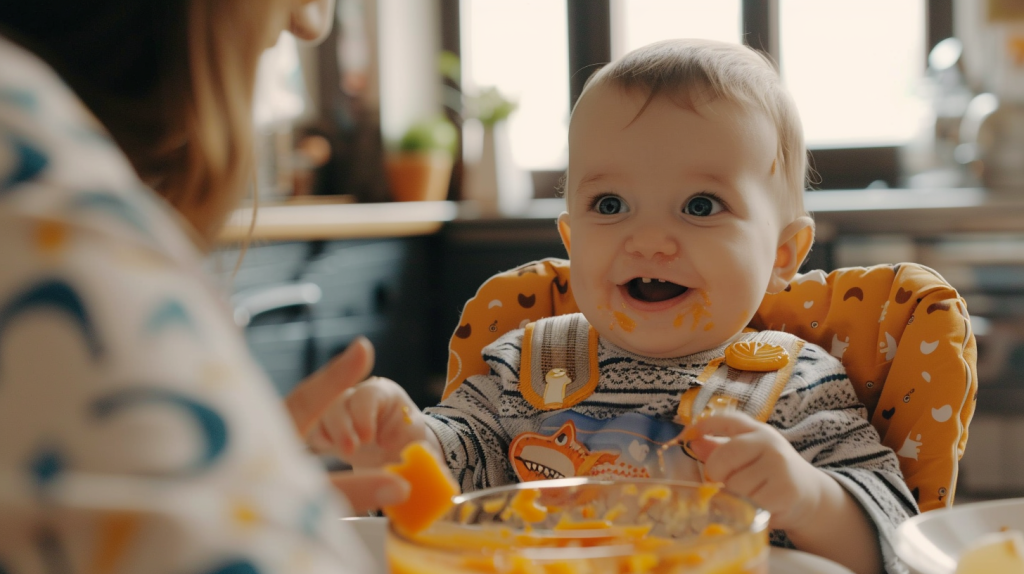A baby happily eating from a bowl in a high chair during feeding routine