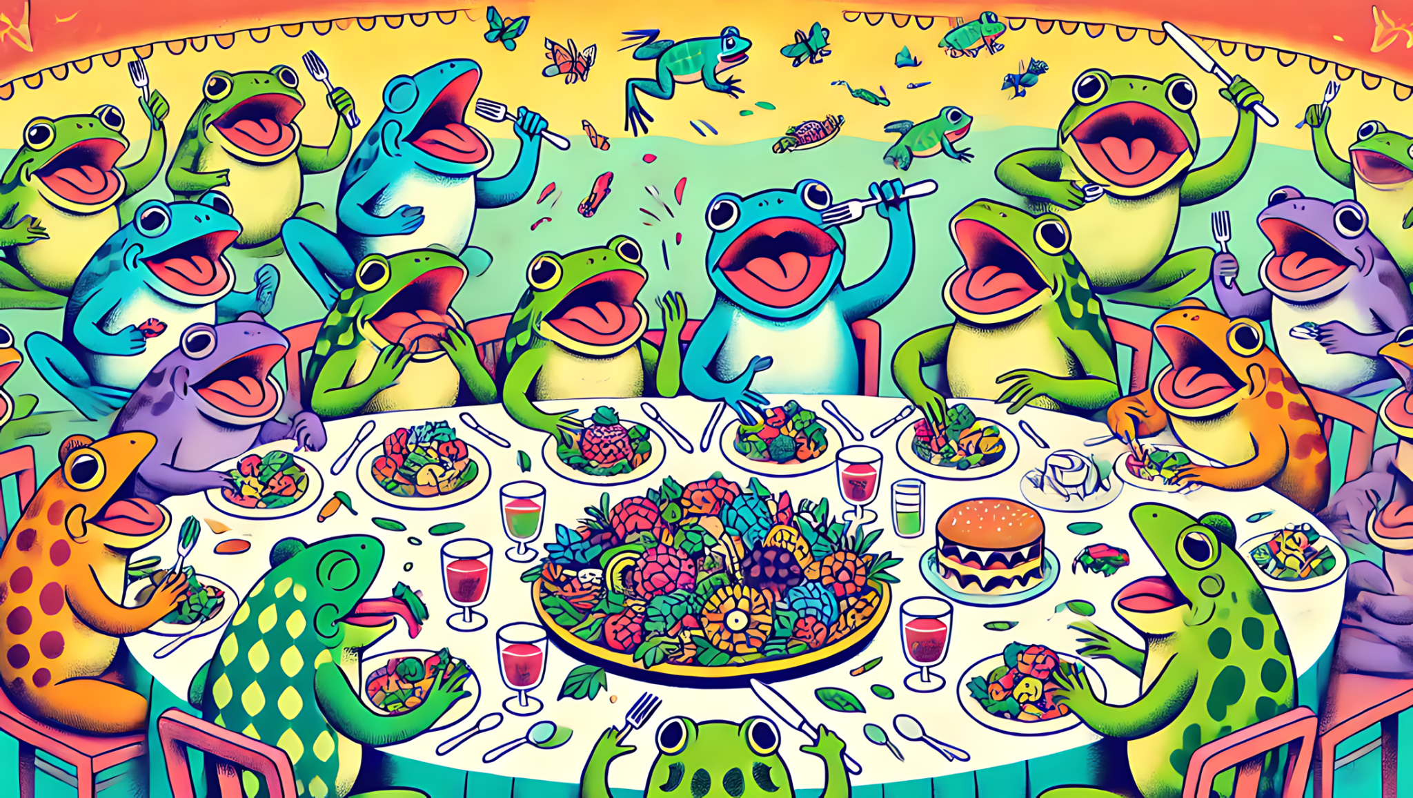 Forty-five frogs feast fiercely