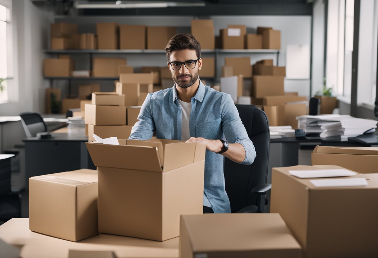 A person packing up a desk in an office, surrounded by boxes and paperwork, with a solemn expression on their face