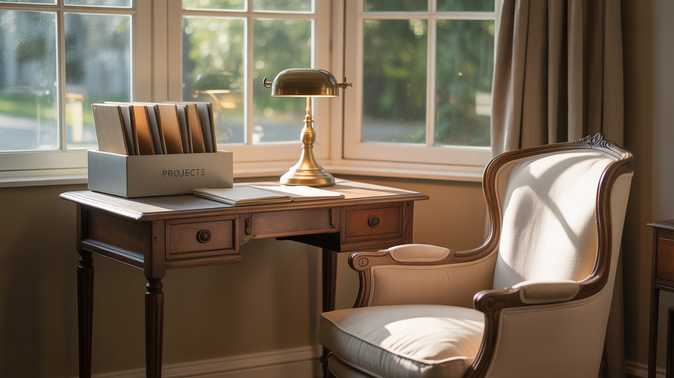 a small desk under a window, a cushioned chair, a task lamp, and neatly stacked folders in a stylish box.