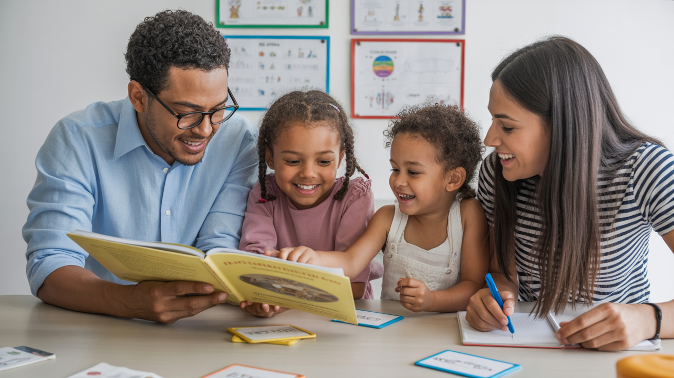 A family gathered around a table doing a group learning activity: one adult reading from a book, another helping with flashcards, and an older sibling writing on a whiteboard. Smiling faces show teamwork, and colorful charts and diagrams hang on the wall behind them.
