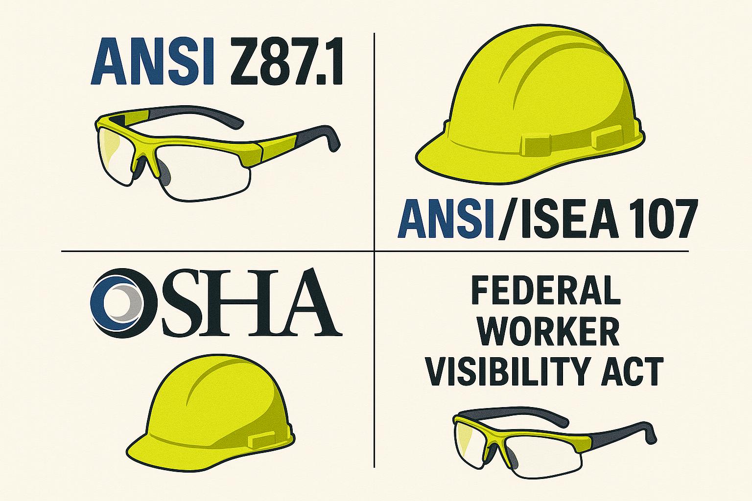 Diagram displaying standards and certifications logos like ANSI Z87.1, ANSI/ISEA 107, OSHA, and the Federal Worker Visibility Act alongside images of high-vis helmets and glasses, designed as an informative visual for safety compliance.