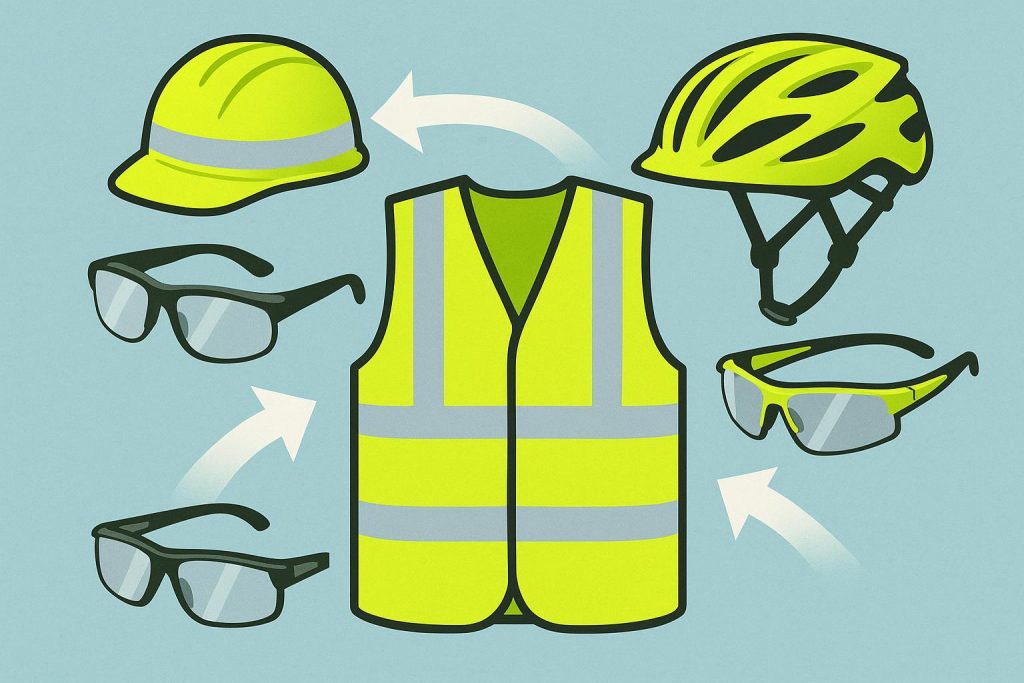 Illustration showing a variety of high-visibility safety gear including bright neon helmets and safety glasses with reflective parts, arranged to show how they help visibility on the road, in a clear, informative style suitable for a safety education article.