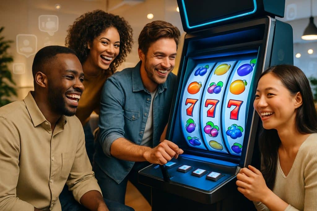A group of people happily playing a colorful slot machine together in a bright, modern social setting.