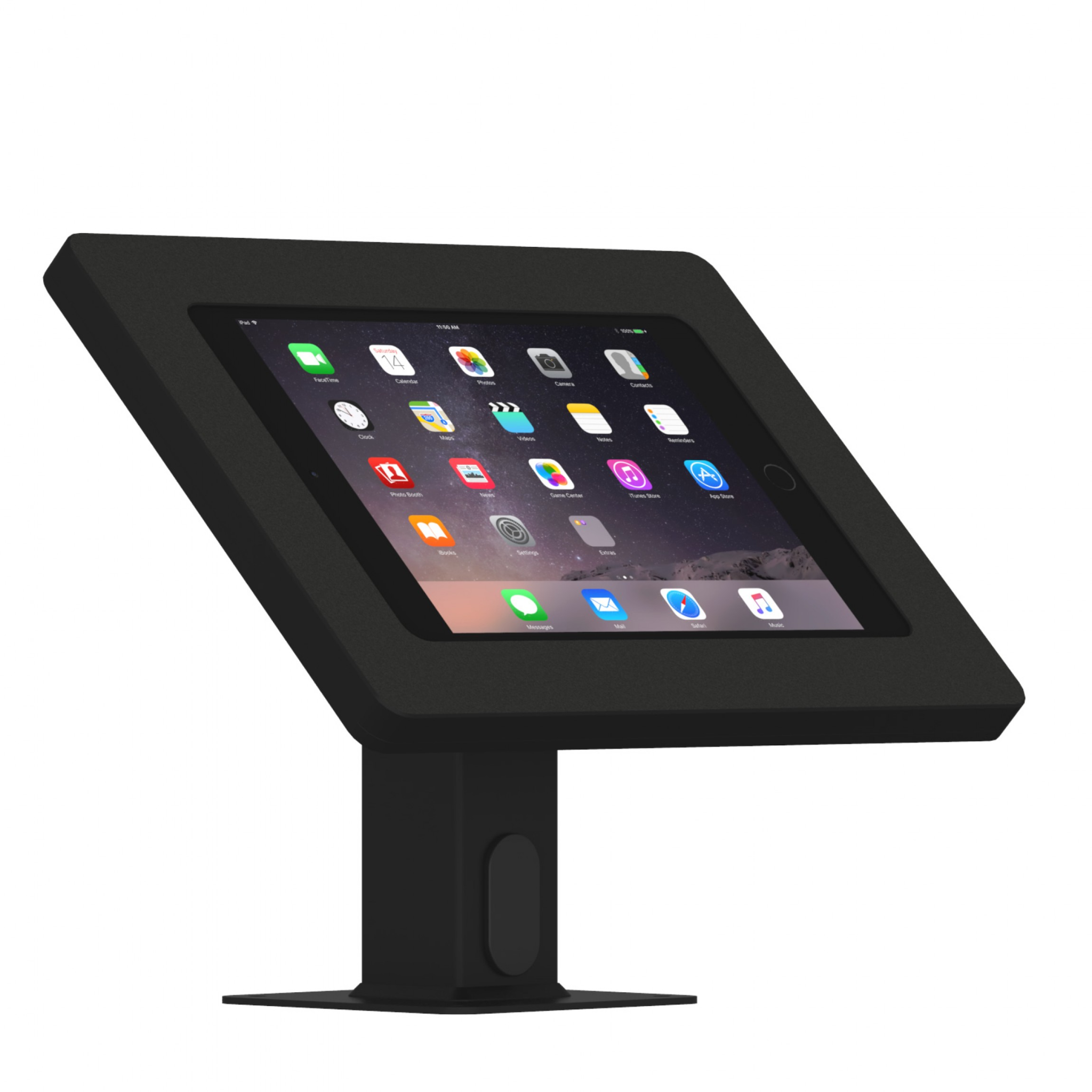 Black iPad kiosk stand with angled touchscreen display.