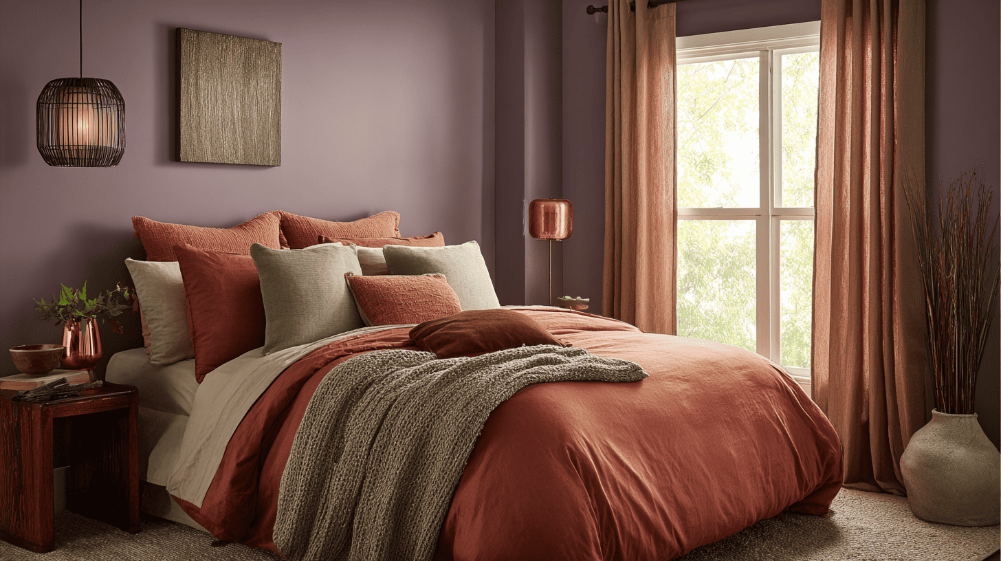 Autumn Bedroom With Terracotta Duvet And Sage Green Accent Pillows