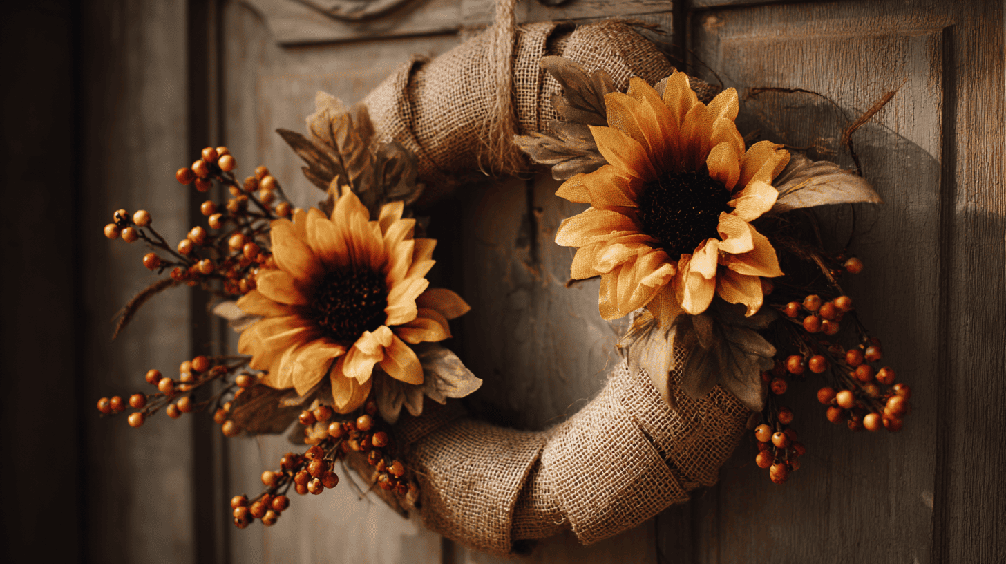 Burlap Sunflower Wreath With Faux Berries On Door