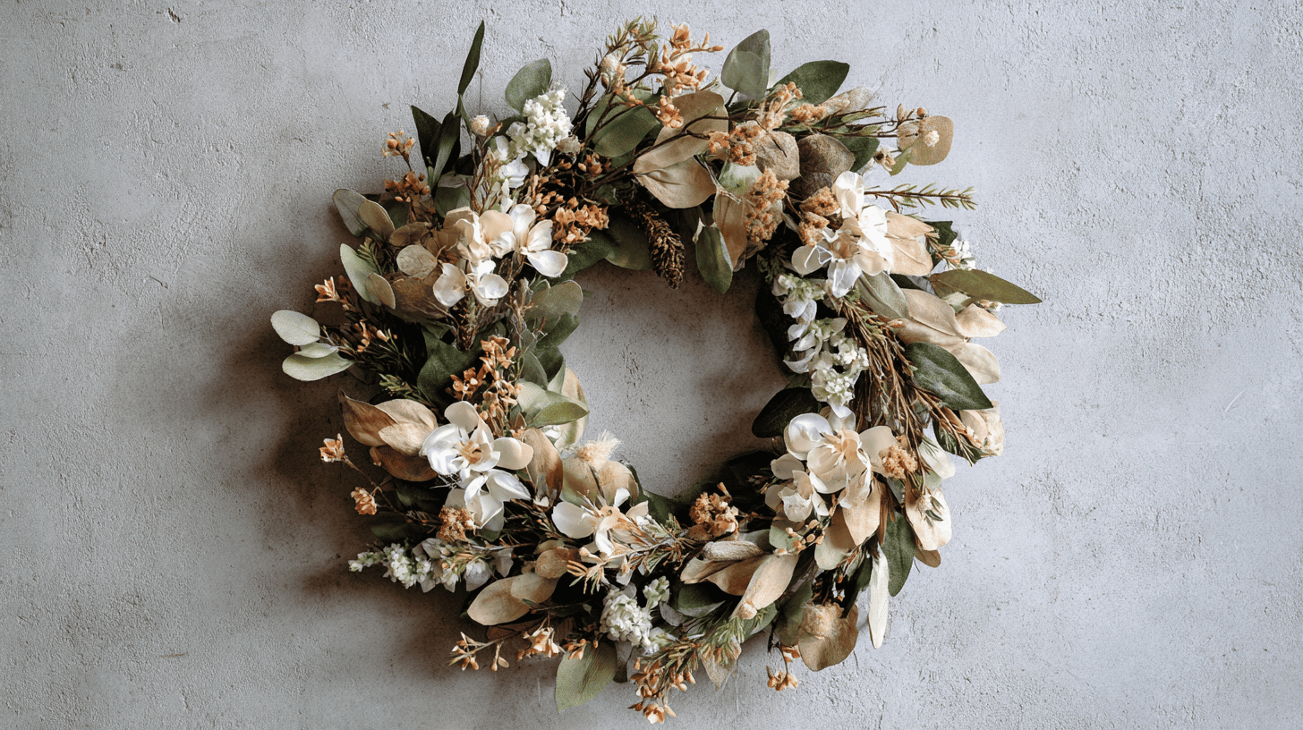 Chalky White Muted Fall Wreath With Pale Leaves And Flowers