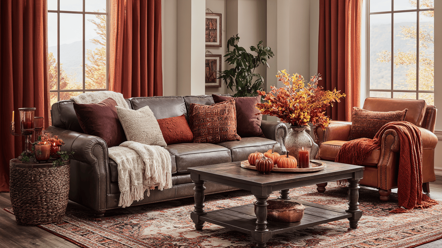 Cozy Fall Living Room With Burgundy Throw Pillows And Rust Blankets