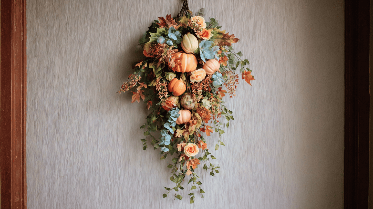 Entryway Swag Wreath With Cascading Leaves Pumpkins And Flowers