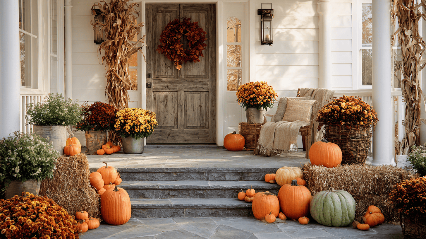 Fall Decorated Front Porch With Pumpkins