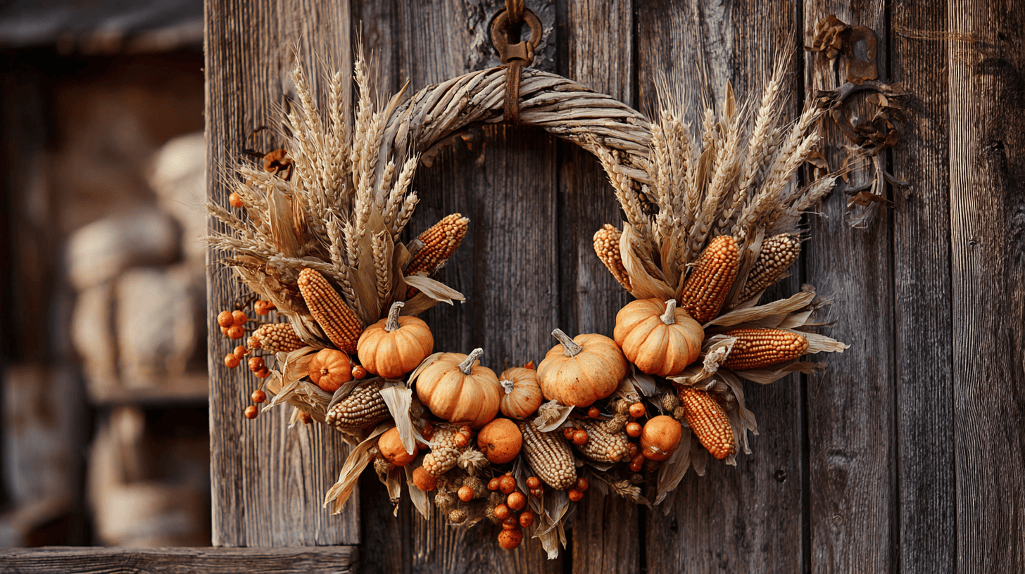 Harvest Wheat Corn Husk Wreath With Faux Pumpkins And Berries