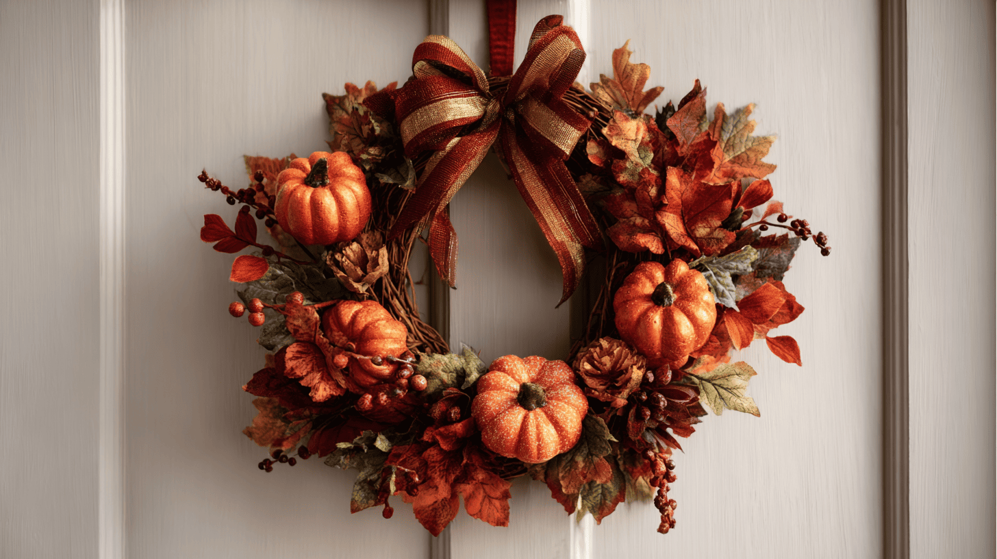 Jewel Toned Pumpkin Ribbon Wreath With Fall Leaves And Berries