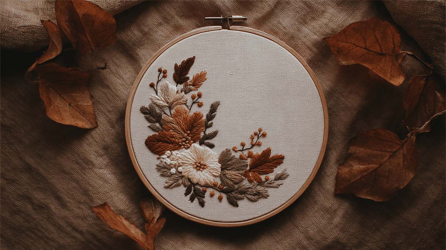 Minimal Embroidery Hoop Wreath With Autumn Leaves And Flowers