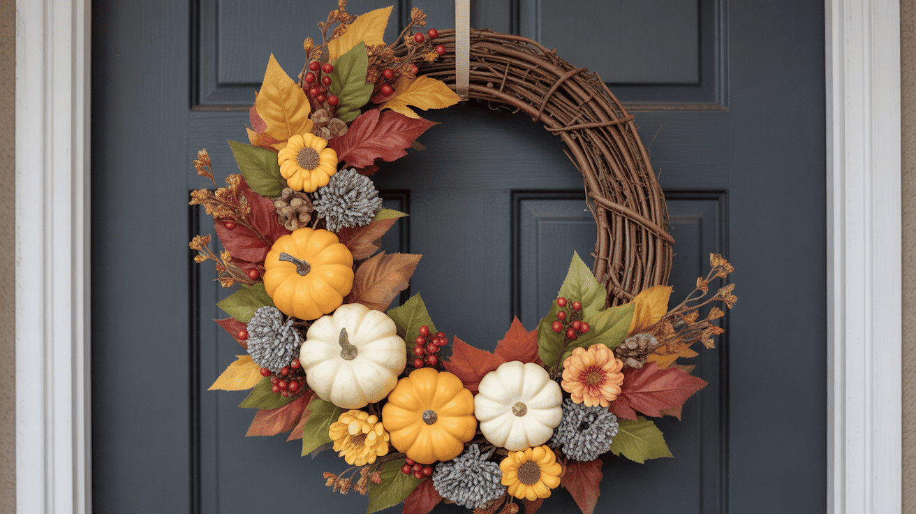 Oversized Front Door Wreath With Faux Leaves Pumpkins And Berries