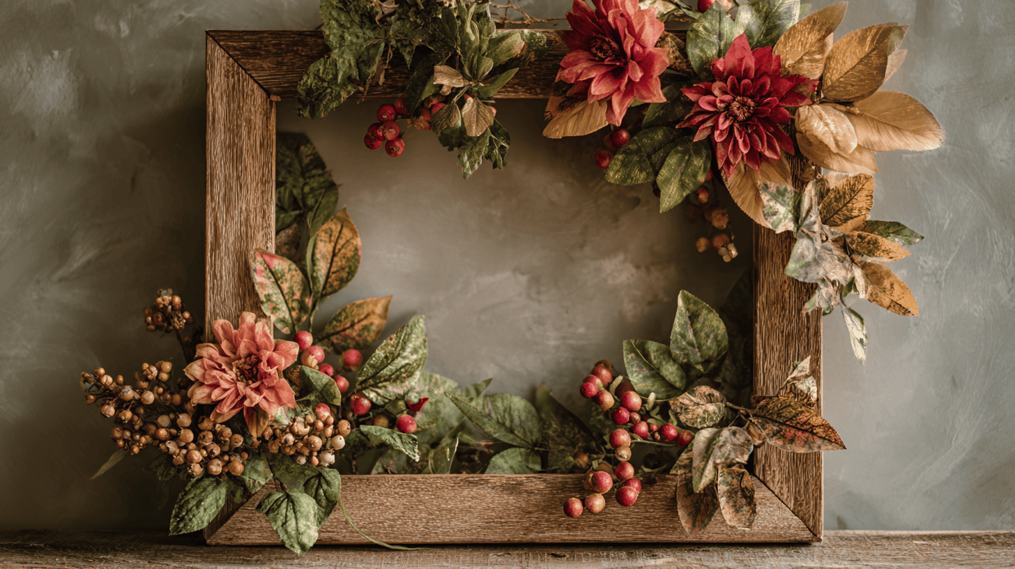 Vintage Frame Fall Wreath With Faux Leaves Flowers And Berries
