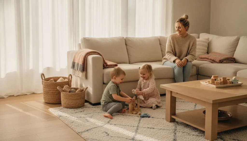 Children playing with blocks on living room floor, smiling woman watching from beige sofa
