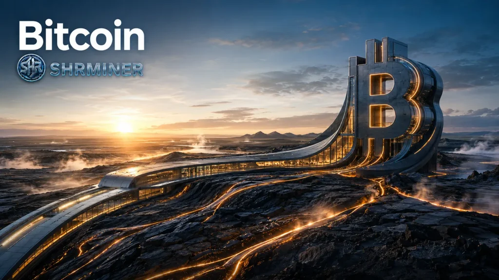 Massive Bitcoin symbol building with glowing pathways in rocky futuristic landscape at sunset
