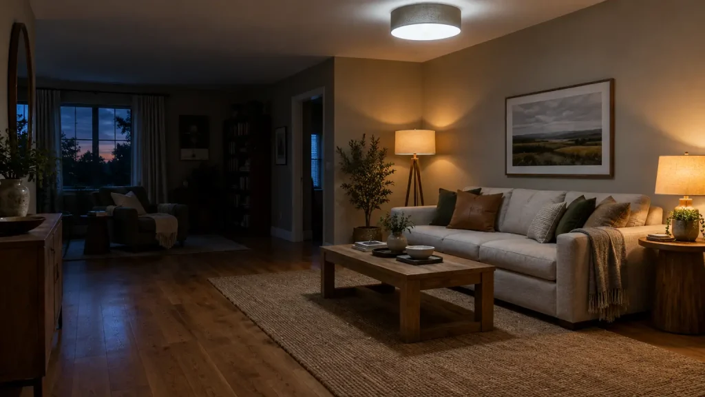 Cozy living room with beige sofa and warm lighting under soft ceiling light