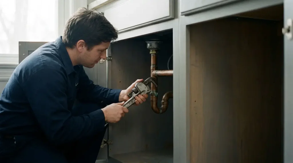 Plumber repairing pipes under a kitchen sink in a well-lit room