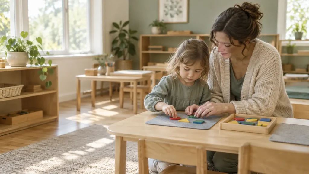 Child and adult playing with colorful shapes at wooden table in sunlit classroom with plants